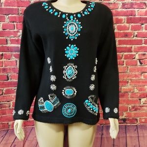 VICTORIA JONES EMBELLISHED BLACK SWEATER SIZE M